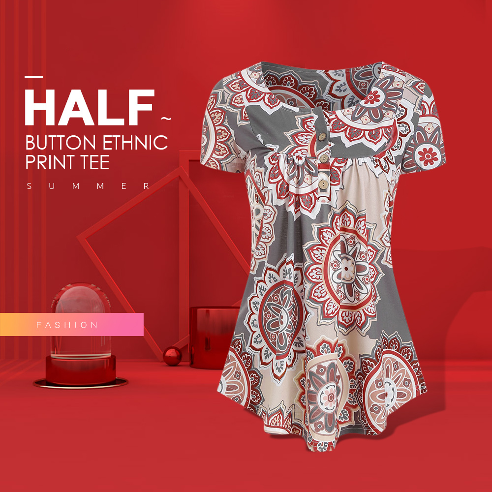 Half Button Ethnic Print Tee