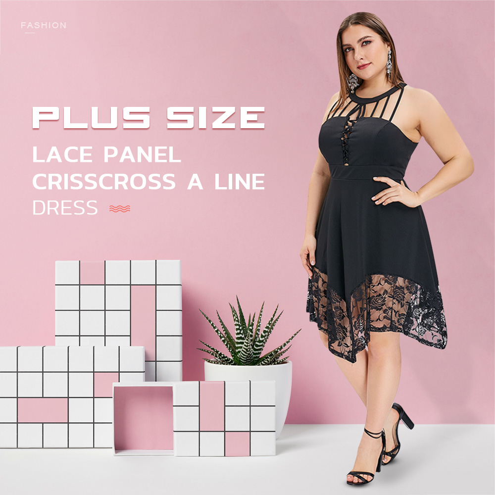 Plus Size Lace Panel Criss Cross A Line Dress