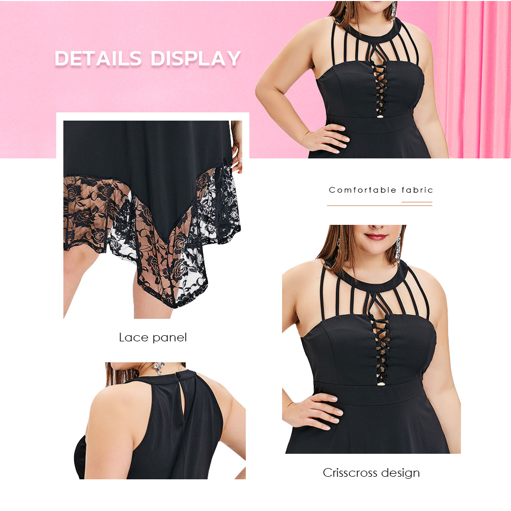 Plus Size Lace Panel Criss Cross A Line Dress