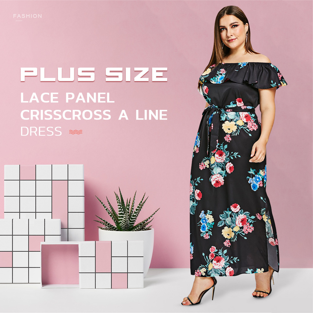 Plus Size Off Shoulder Flower Slit Maxi Dress