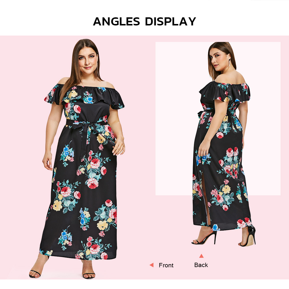 Plus Size Off Shoulder Flower Slit Maxi Dress