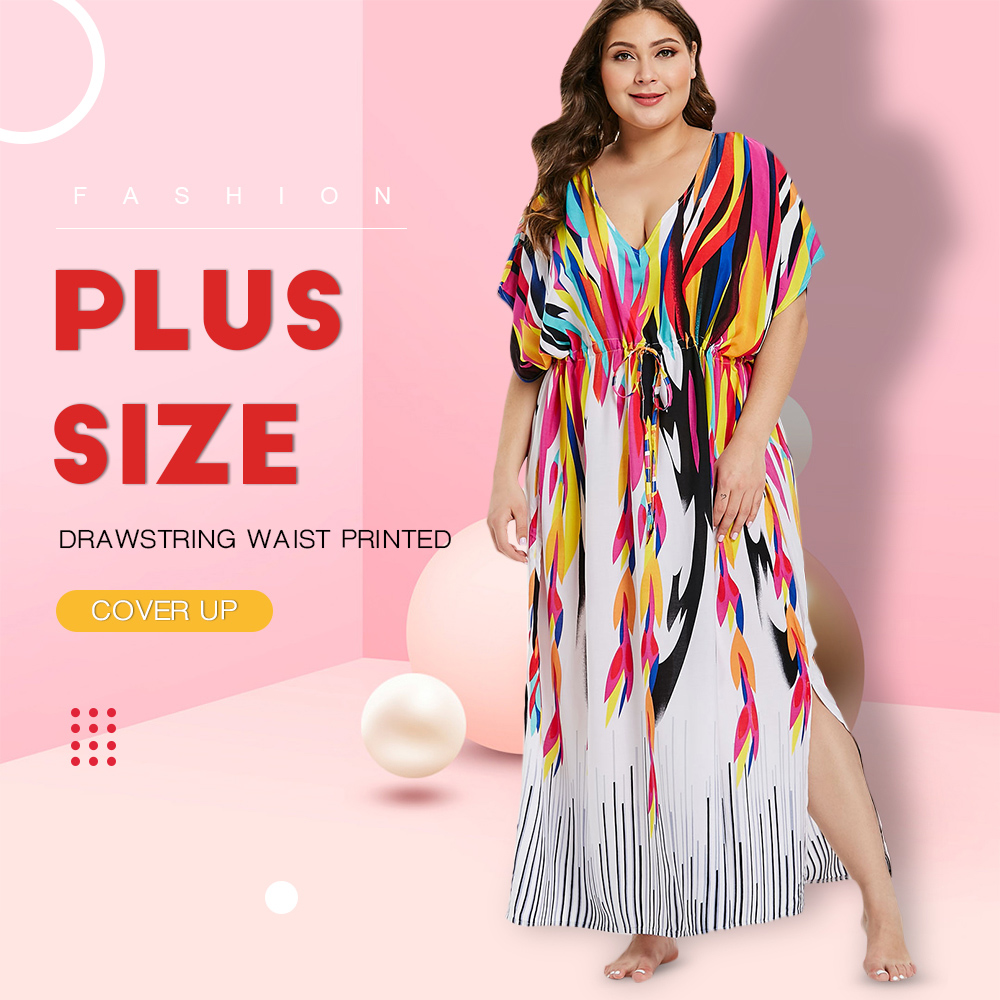 Plus Size Drawstring Waist Printed Cover Up