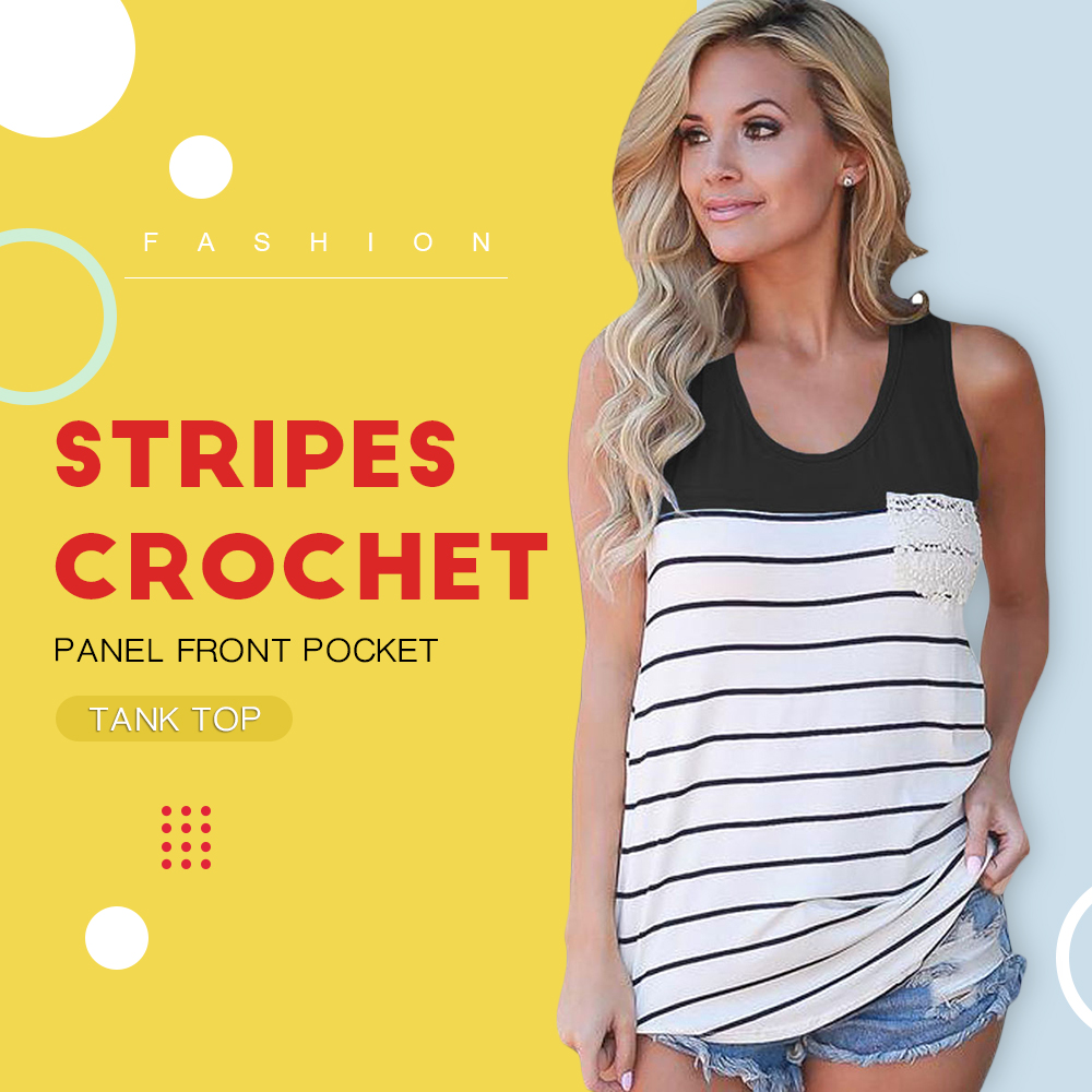 Stripes Crochet Panel Front Pocket Tank Top