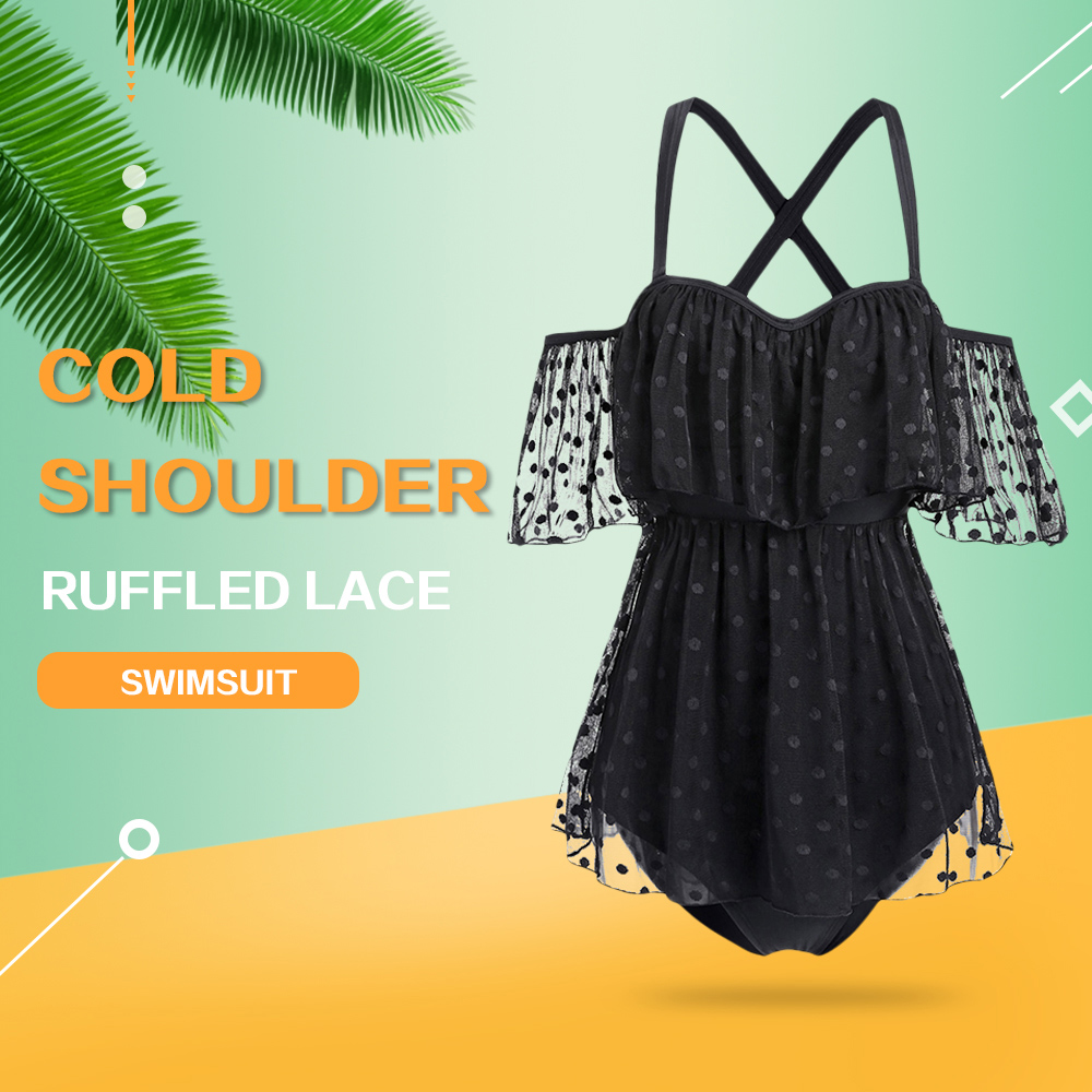 Cold Shoulder Ruffled Mesh Insert One-piece Swimsuit