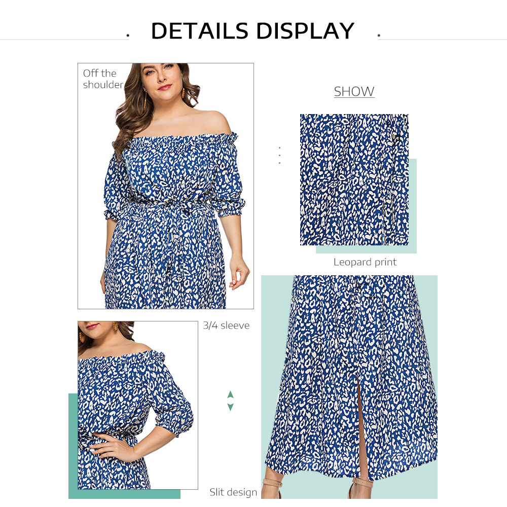 Plus Size Off The Shoulder 3/4 Sleeve Leopard Print Belted Slit Women Maxi Dress