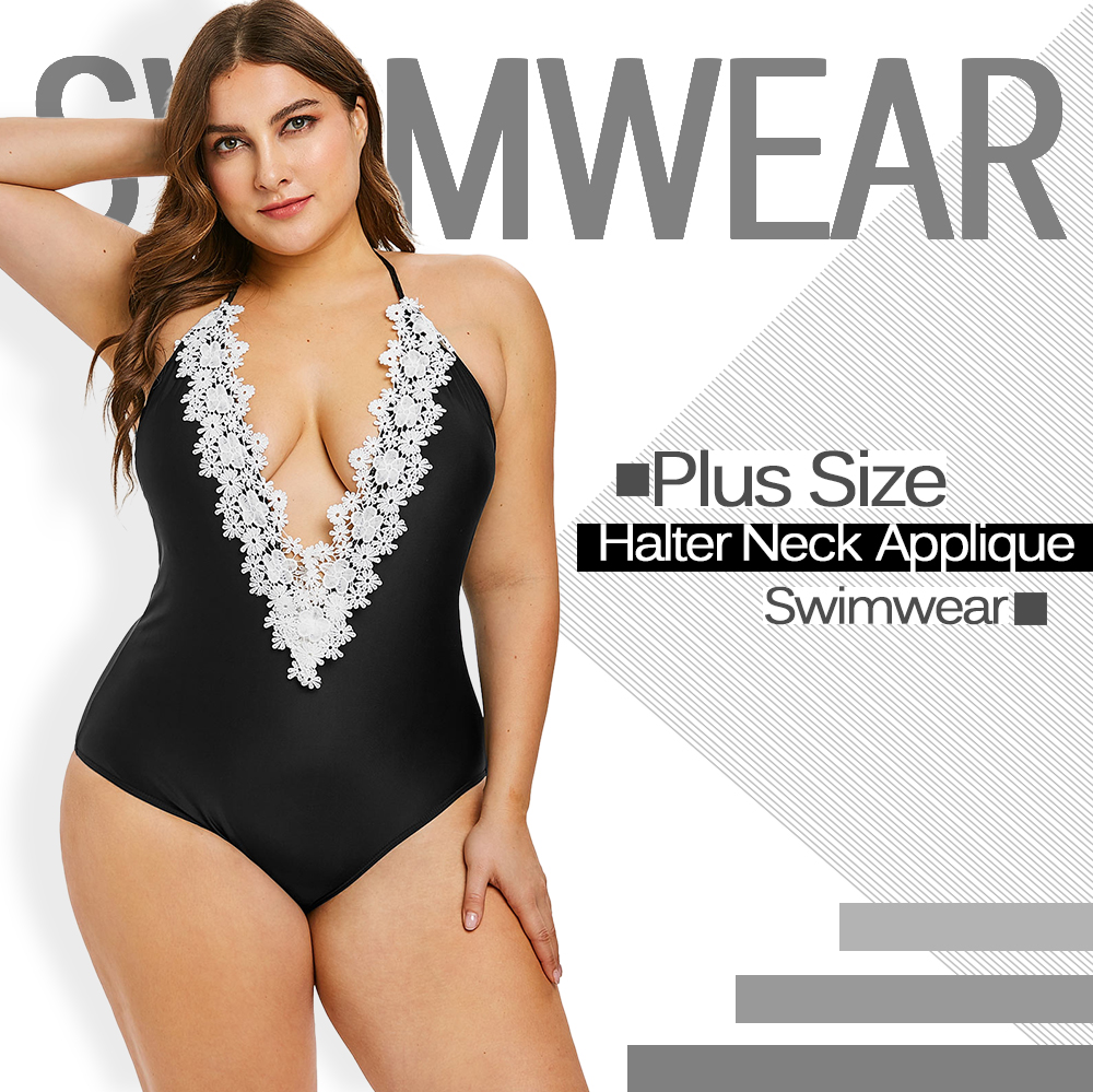 Plus Size Halter Neck Applique Swimwear