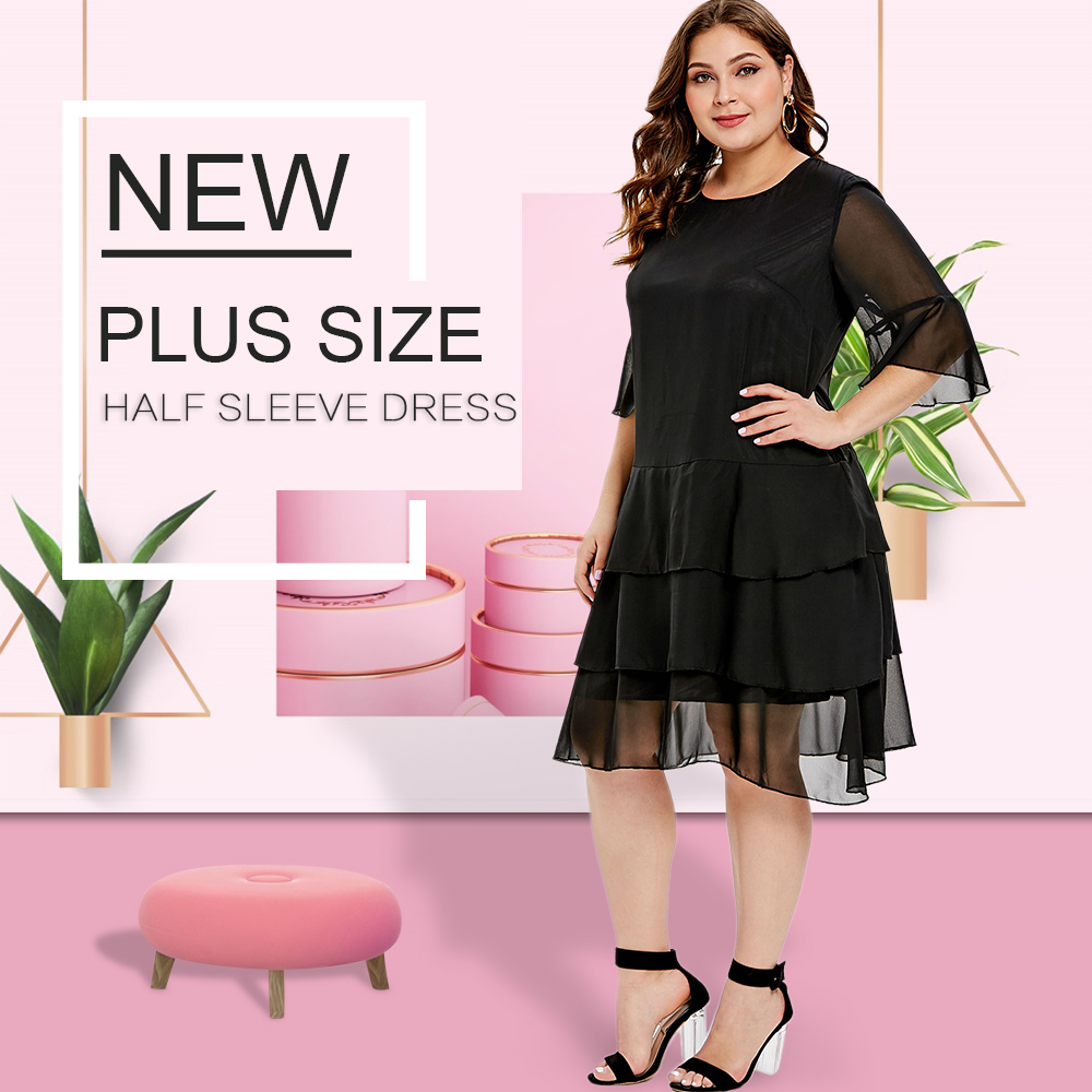 Plus Size Half Sleeves Plain Tiered Dress