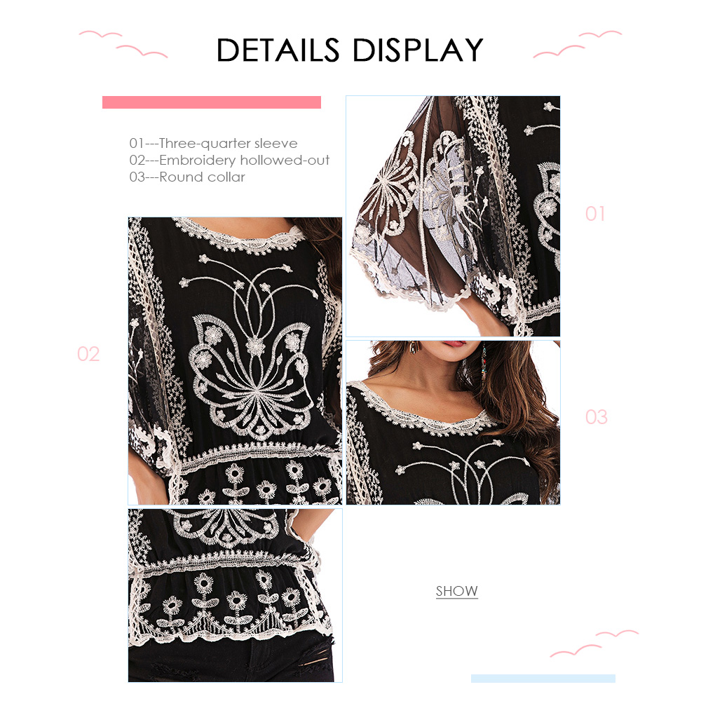 Three-quarter Sleeve Embroidery Hollowed-out Lace Round Collar Shirt Top Tee