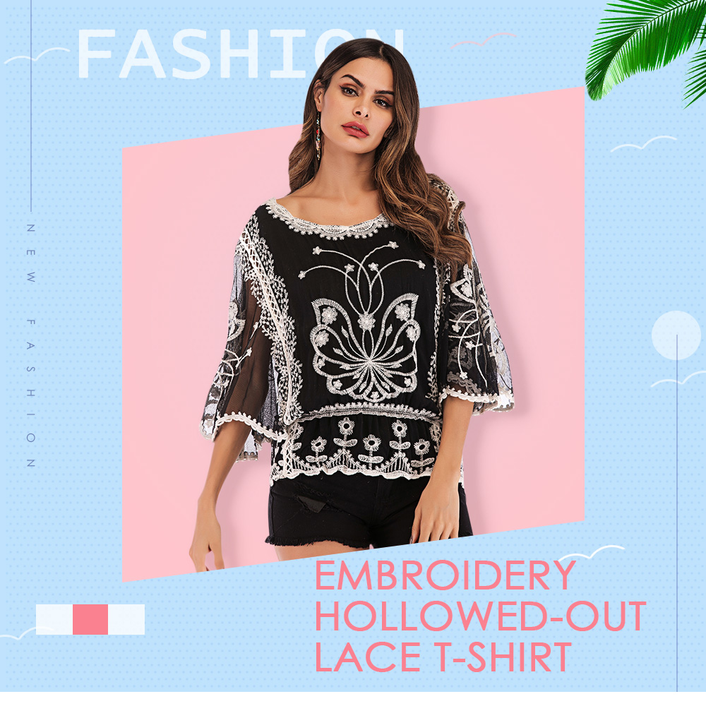 Three-quarter Sleeve Embroidery Hollowed-out Lace Round Collar Shirt Top Tee