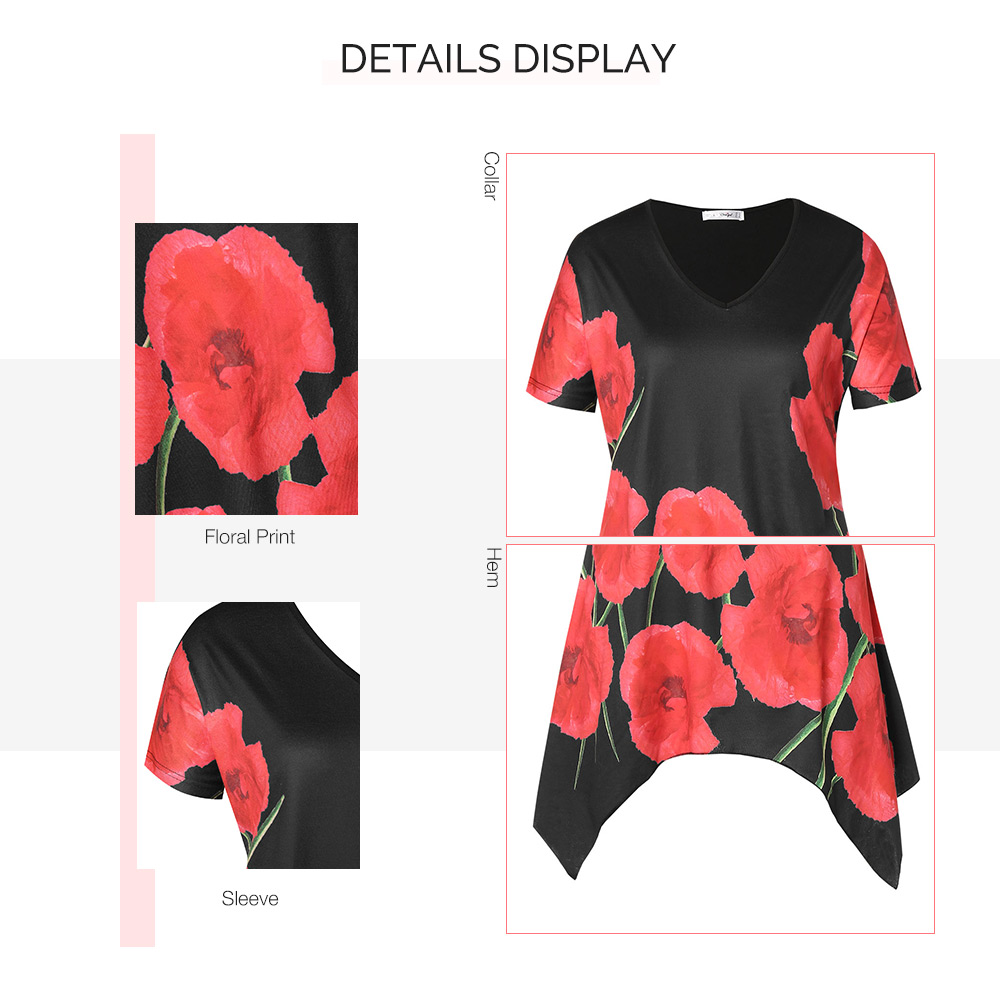 Plus Size V Neck Floral Print Asymmetrical T-shirt