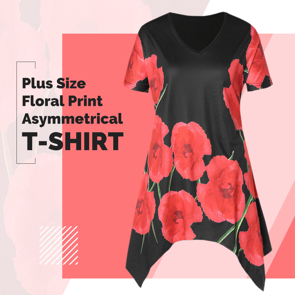 Plus Size V Neck Floral Print Asymmetrical T-shirt