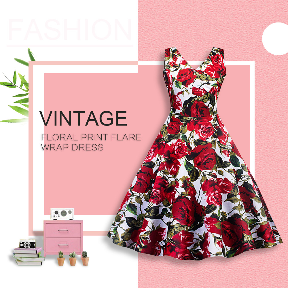 Vintage Floral Print Flare Wrap Dress