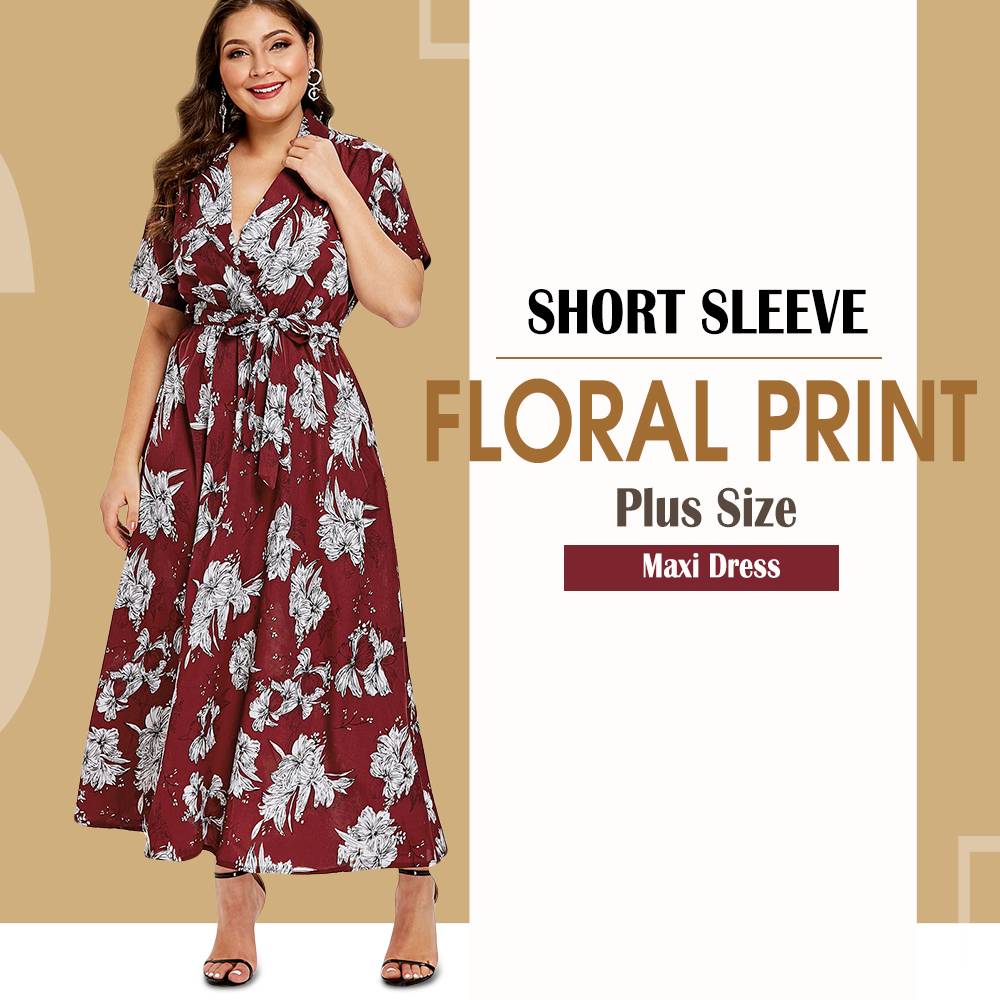 Short Sleeve Floral Print Plus Size Maxi Dress