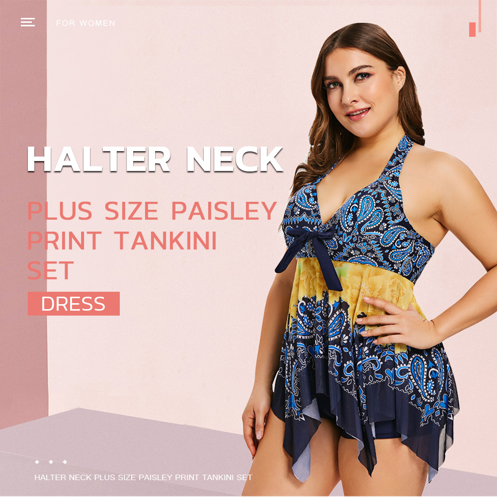 Halter Neck Plus Size Paisley Print Tankini Set