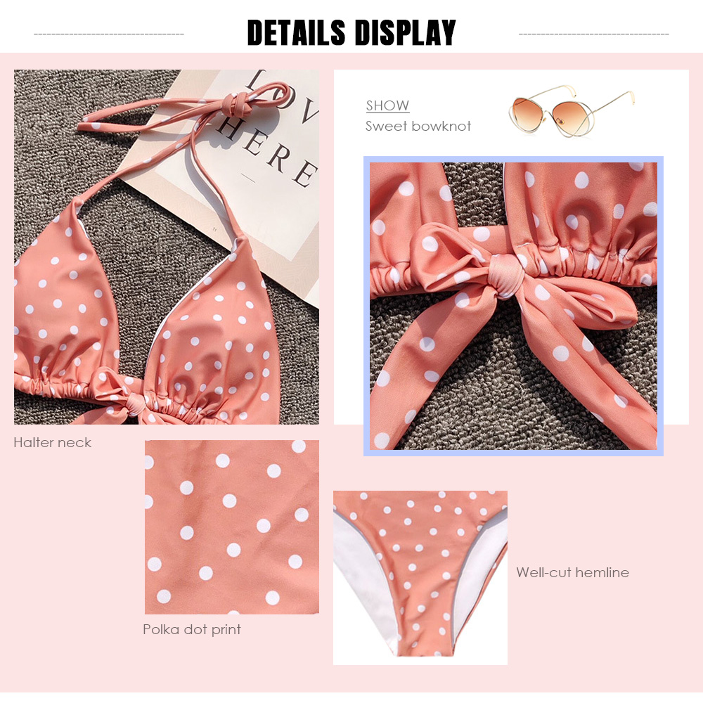 Halter Neck Backless Padded Bowknot Polka Dot Print Two-piece Swimsuit Women Bikini Set