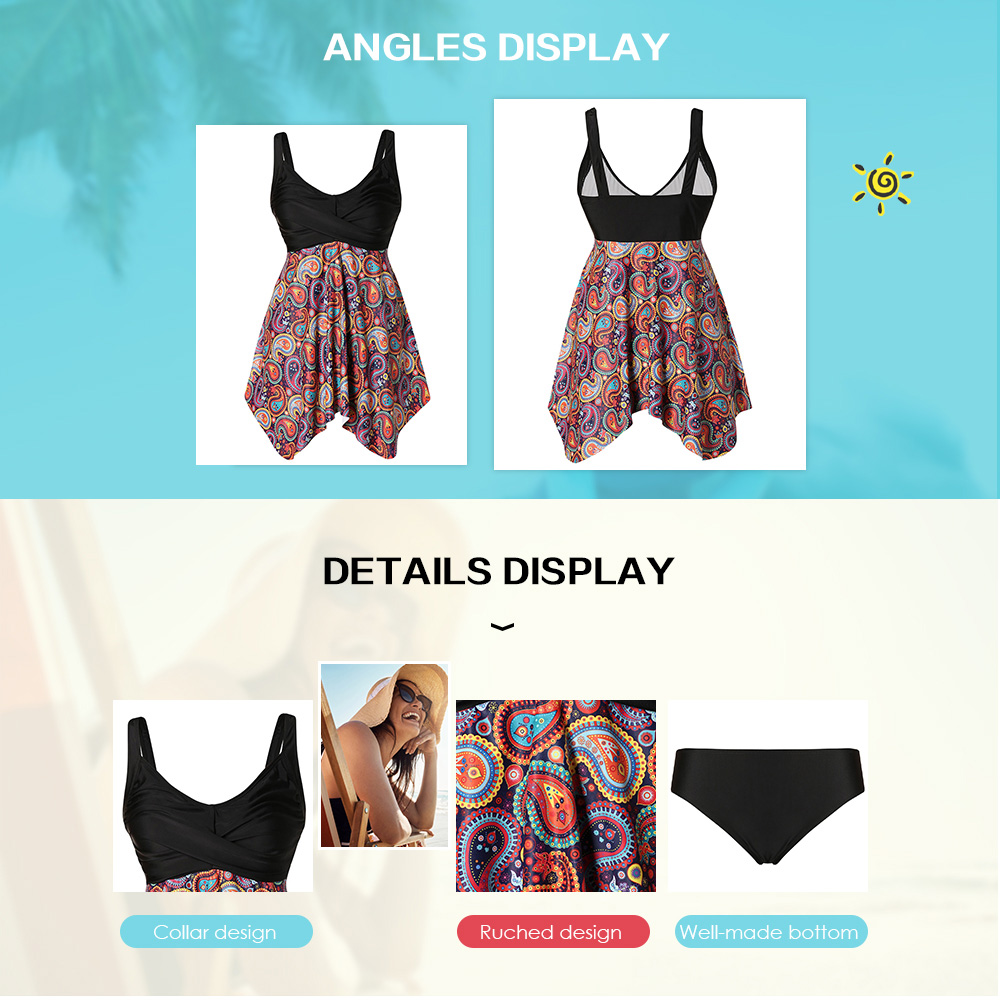 Plus Size Paisley Print Asymmetrical Tankini Set