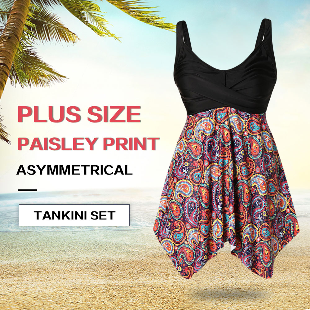 Plus Size Paisley Print Asymmetrical Tankini Set