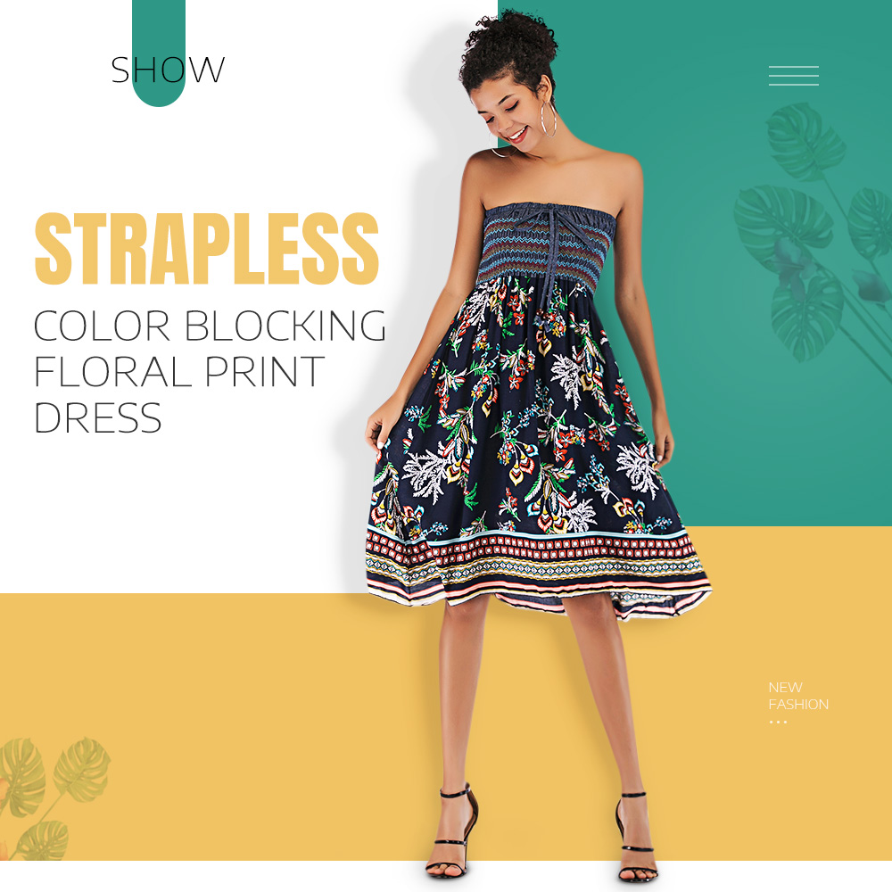 Strapless Color Blocking Floral Print Shirring Dress Women High Waist Skirt