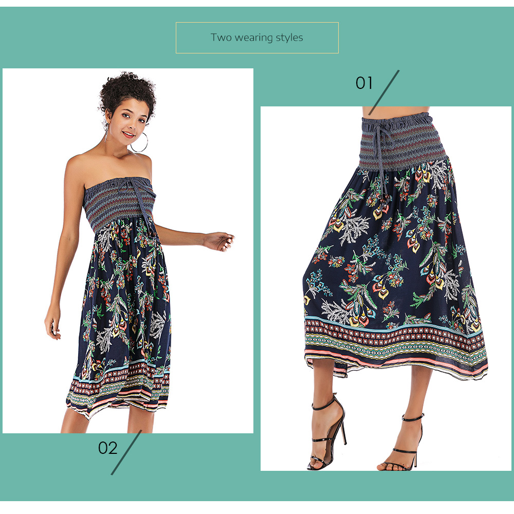 Strapless Color Blocking Floral Print Shirring Dress Women High Waist Skirt