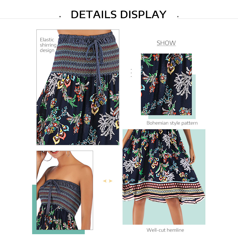 Strapless Color Blocking Floral Print Shirring Dress Women High Waist Skirt