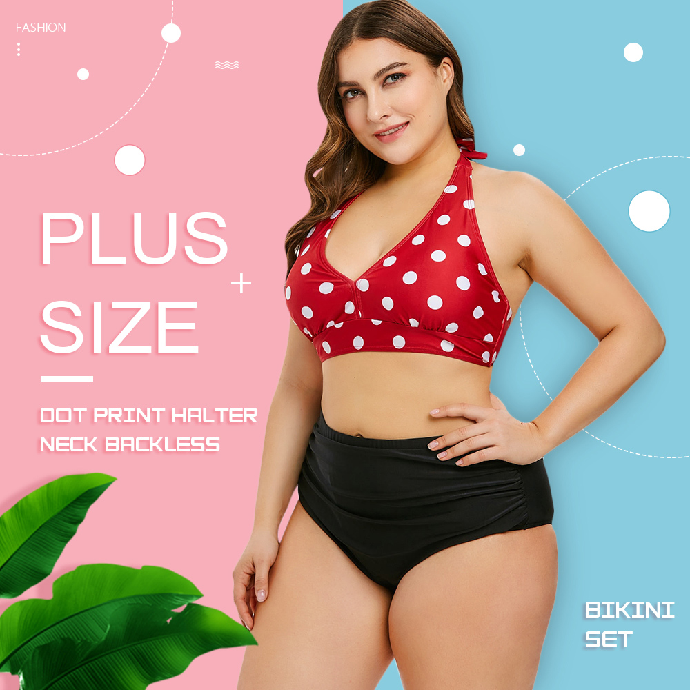 Polka Dot Plus Size Halter Neck Bikini Set