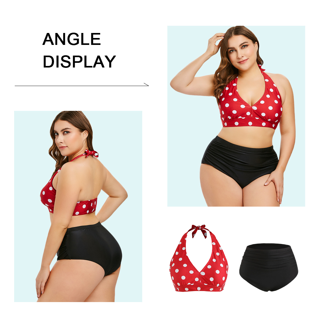 Polka Dot Plus Size Halter Neck Bikini Set