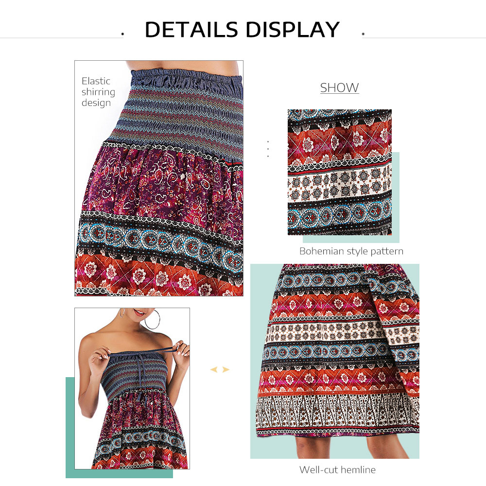 Strapless Colorful Floral Print Shirring Dress Women High Waist Skirt