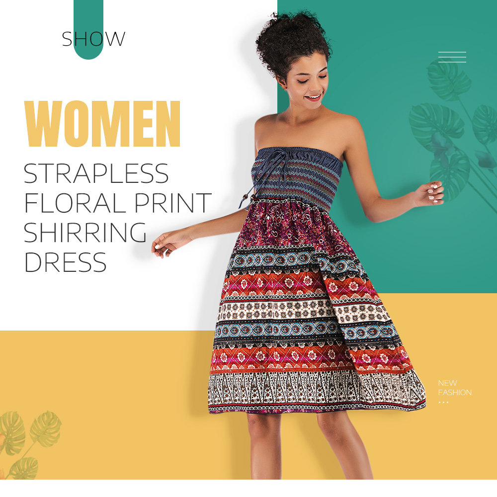 Strapless Colorful Floral Print Shirring Dress Women High Waist Skirt