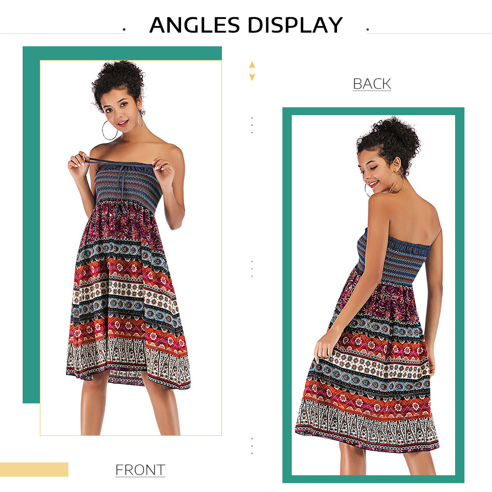 Strapless Colorful Floral Print Shirring Dress Women High Waist Skirt