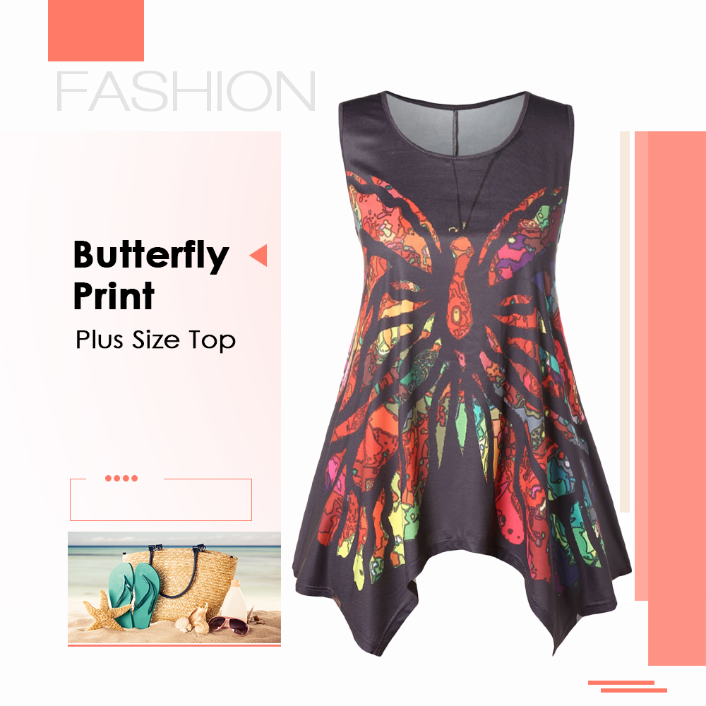 Plus Size Butterfly Print Asymmetrical Tank Top