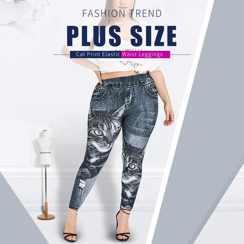 Plus Size Cat Pattern Elastic Waist Leggings