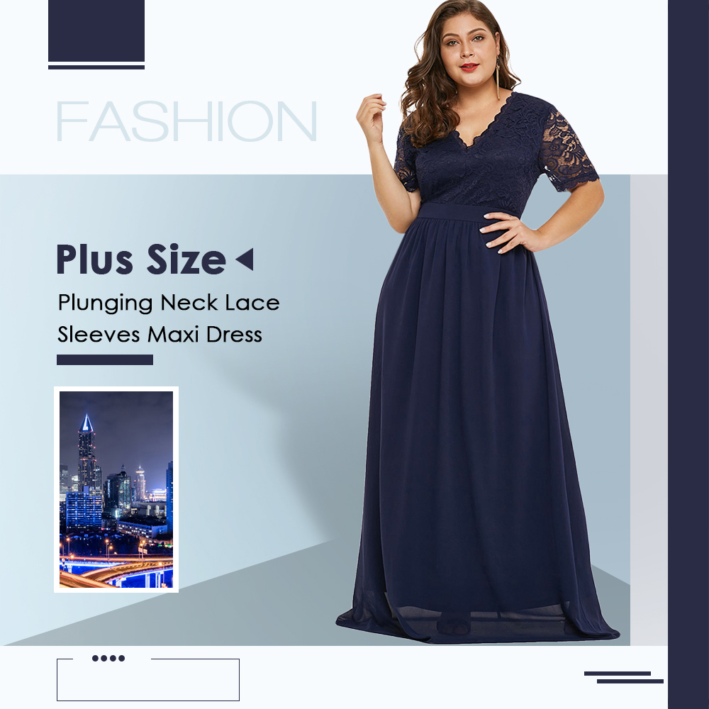 Plus Size Plunging Neck Lace Sleeve Maxi Dress