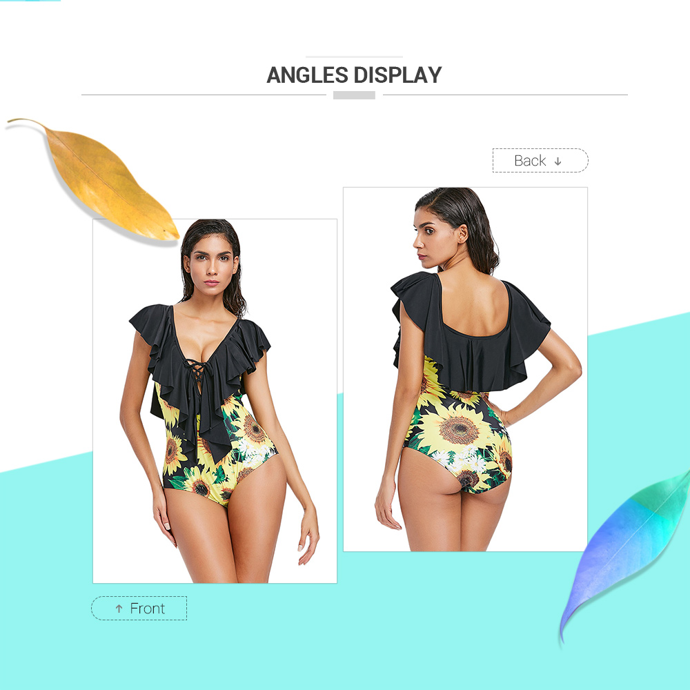 Sunflower Print Ruffle One Piece Swimsuit