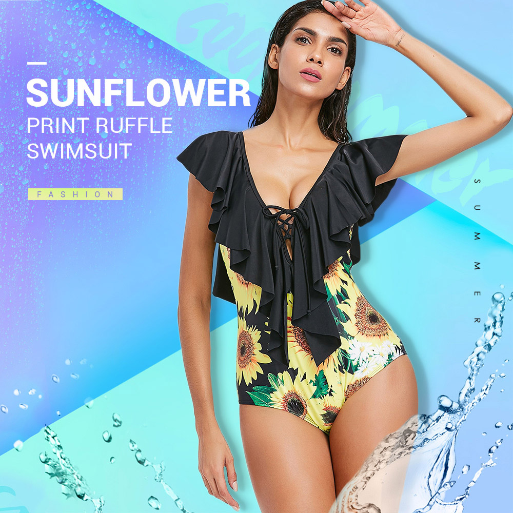 Sunflower Print Ruffle One Piece Swimsuit