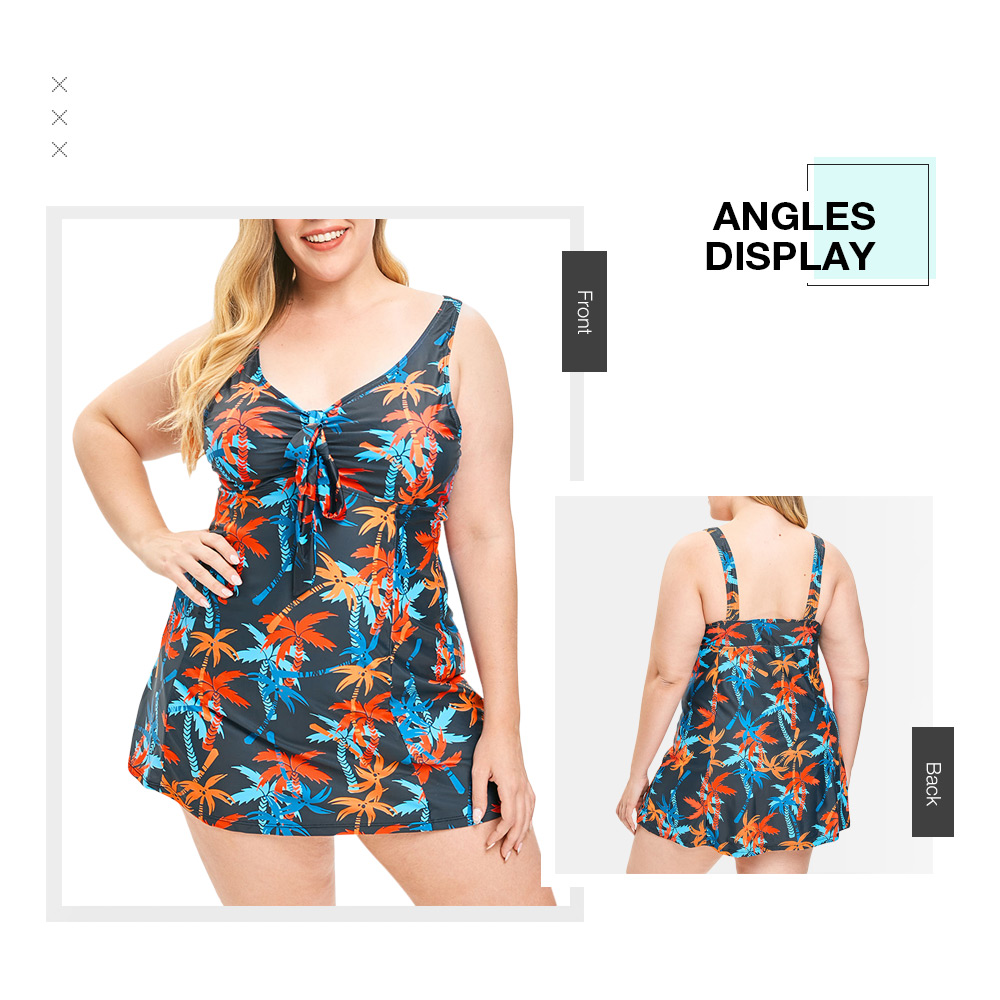 Plus Size Palm Tree Print Bowknot Embellished Tankini Set