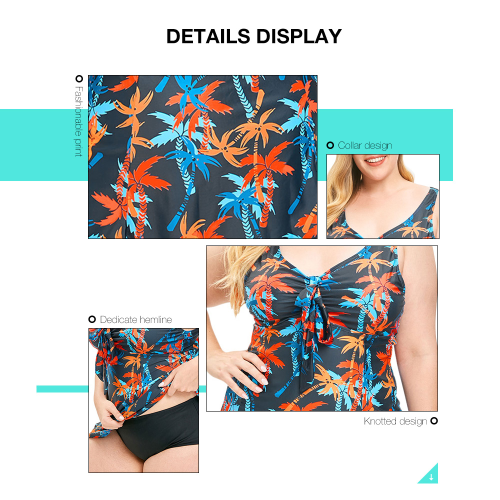 Plus Size Palm Tree Print Bowknot Embellished Tankini Set