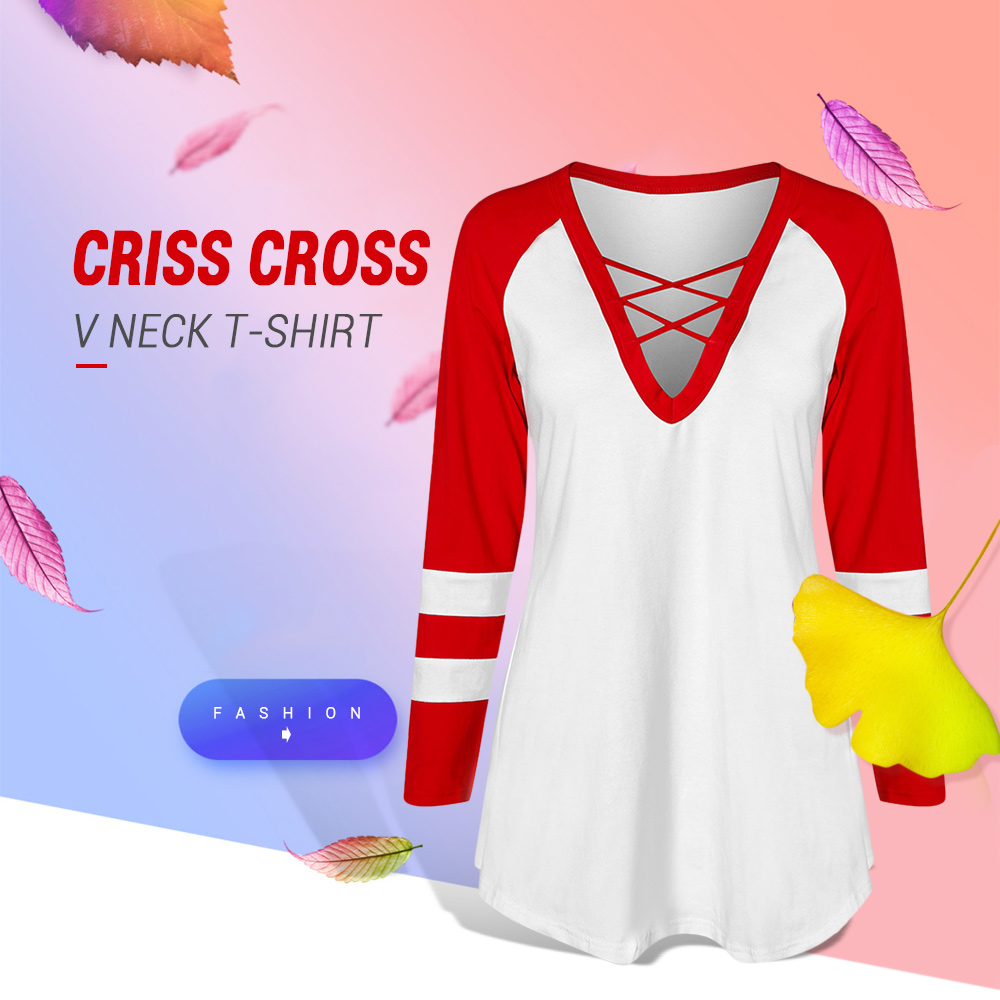 Criss Cross V Neck Striped Two Tones T-shirt