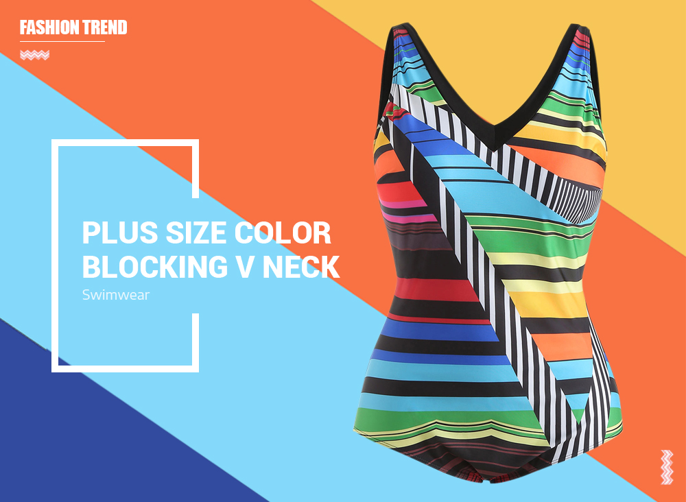 Plus Size Color Block V Neck Swimwear