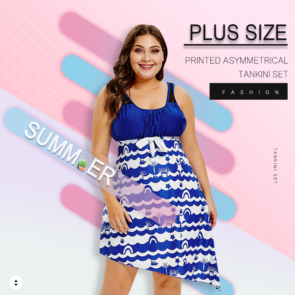 Plus Size Printed Asymmetrical Tankini Set