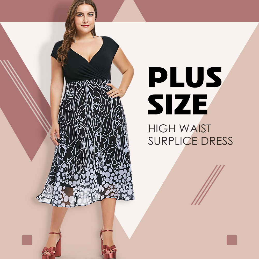 Plus Size A Line Printed Surplice Dress
