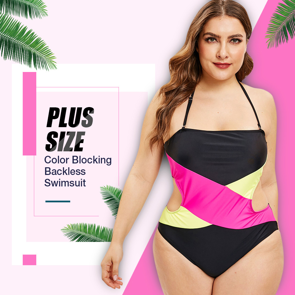 Plus Size Color Block Backless Swimsuit