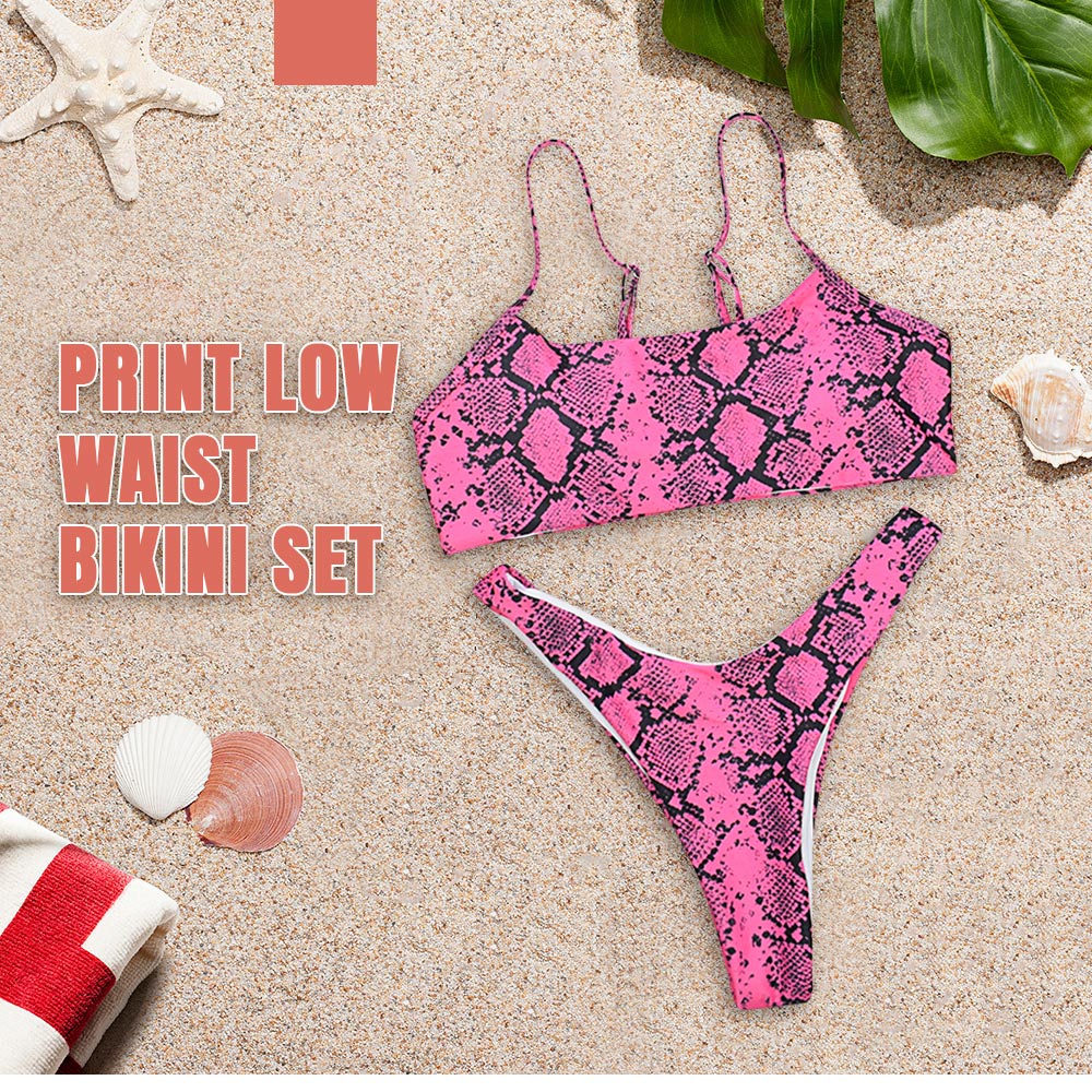 Spaghetti Strap Padded Backless Print Low Waist Women Bikini Set