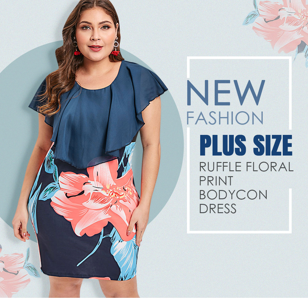 Plus Size Ruffle Floral Print Bodycon Dress