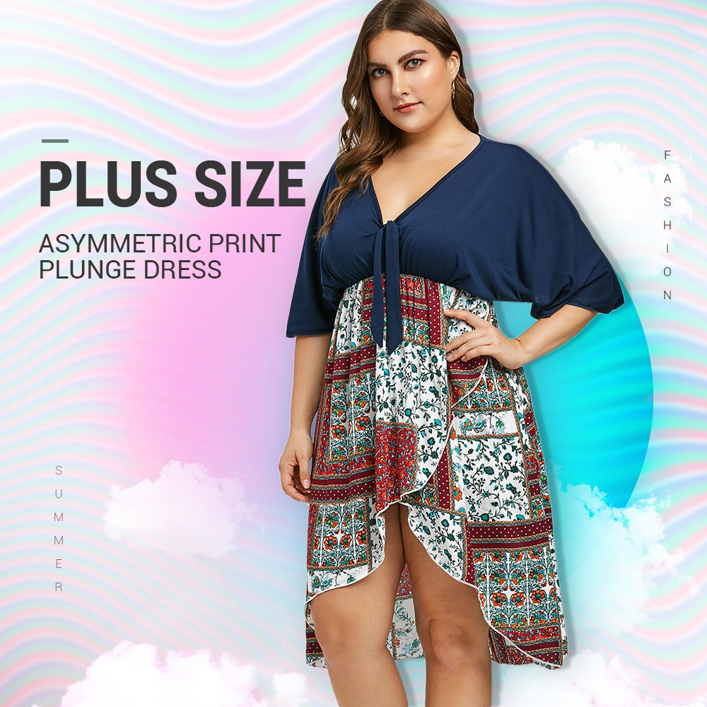 Plus Size Asymmetric Print Plunge Dress