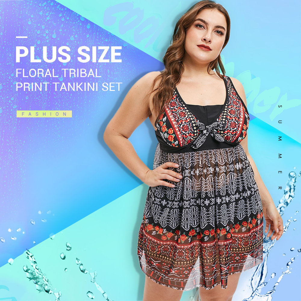 Plus Size Floral Tribal Print Tankini Set