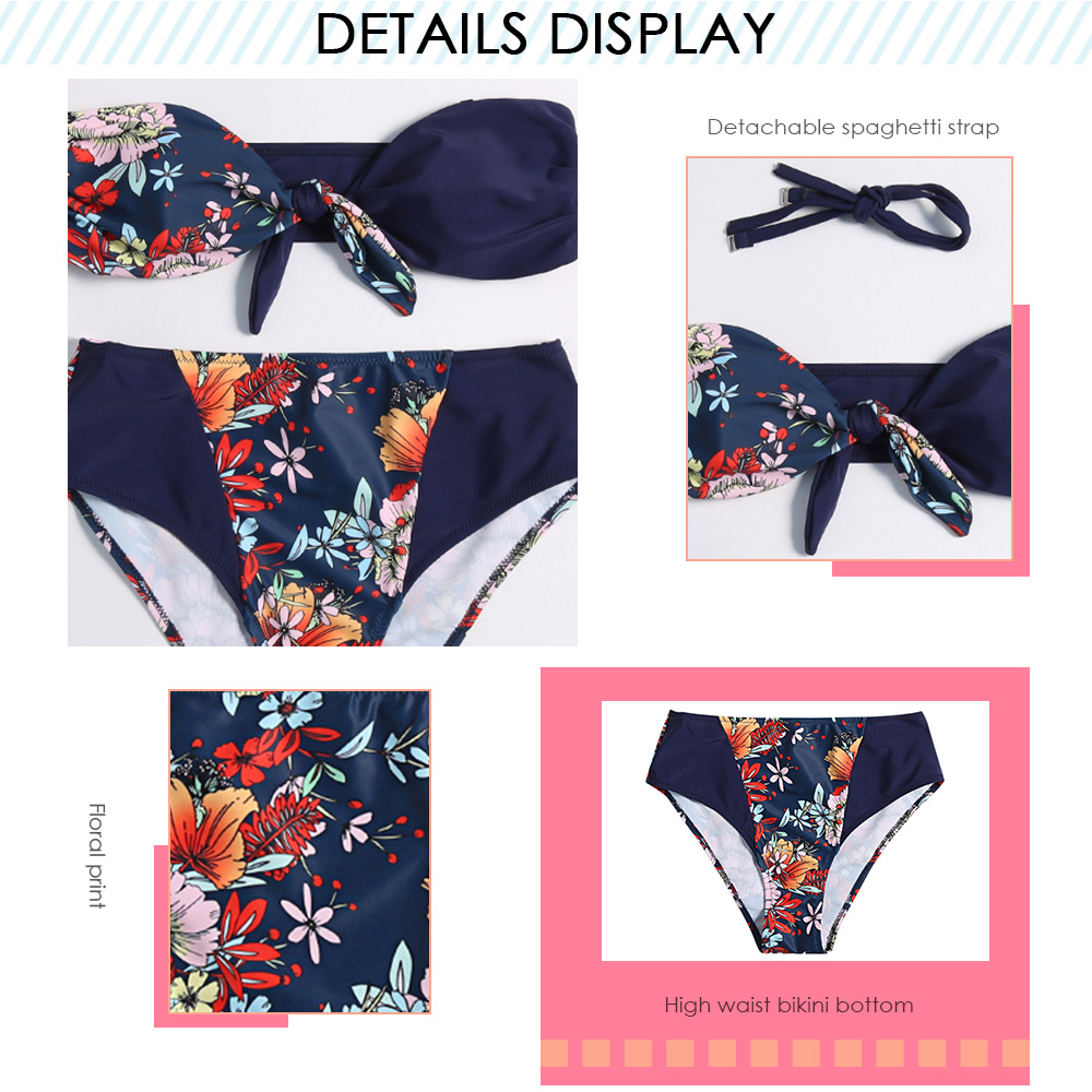 Spaghetti Strap Strapless Padded Floral Print Bowknot High Waist Women Bikini Set