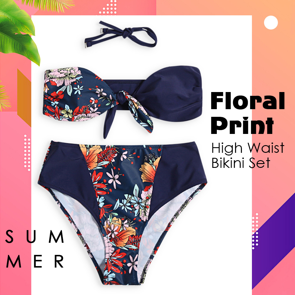 Spaghetti Strap Strapless Padded Floral Print Bowknot High Waist Women Bikini Set