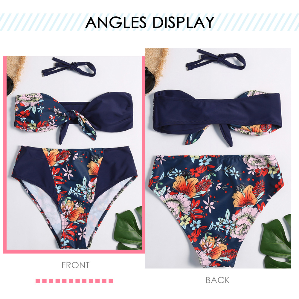 Spaghetti Strap Strapless Padded Floral Print Bowknot High Waist Women Bikini Set