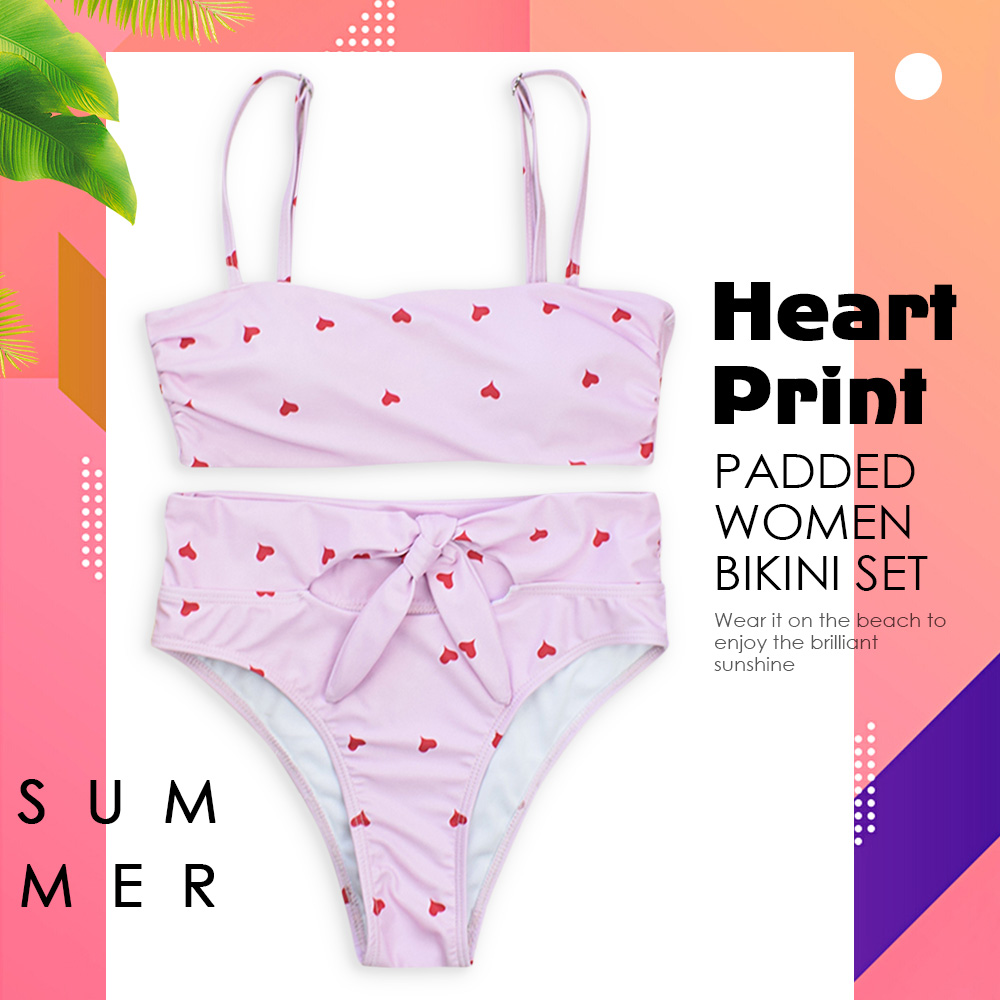 Spaghetti Strap Heart Print Padded High Waist Women Bikini Set