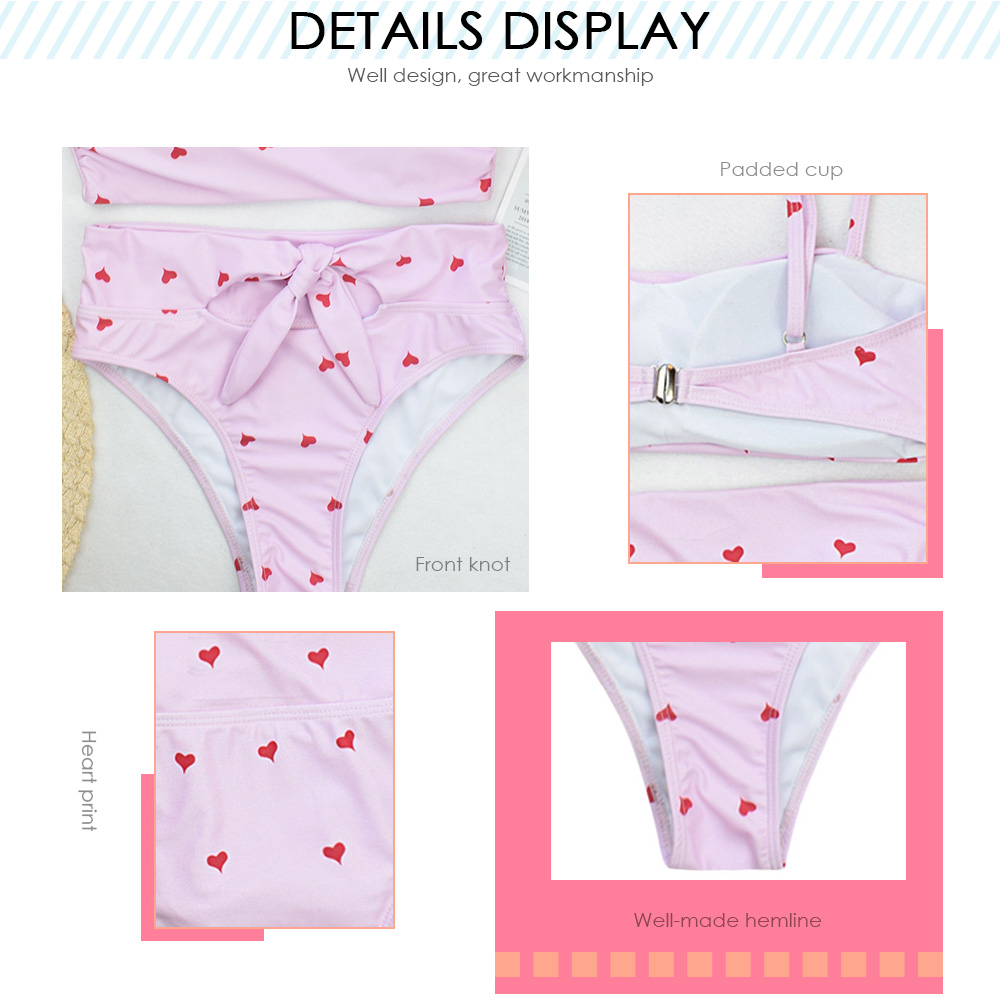 Spaghetti Strap Heart Print Padded High Waist Women Bikini Set